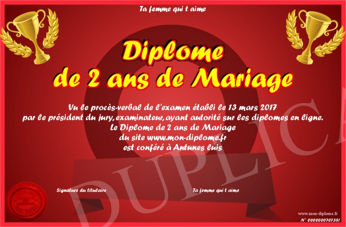 diplome 2 ans de mariage